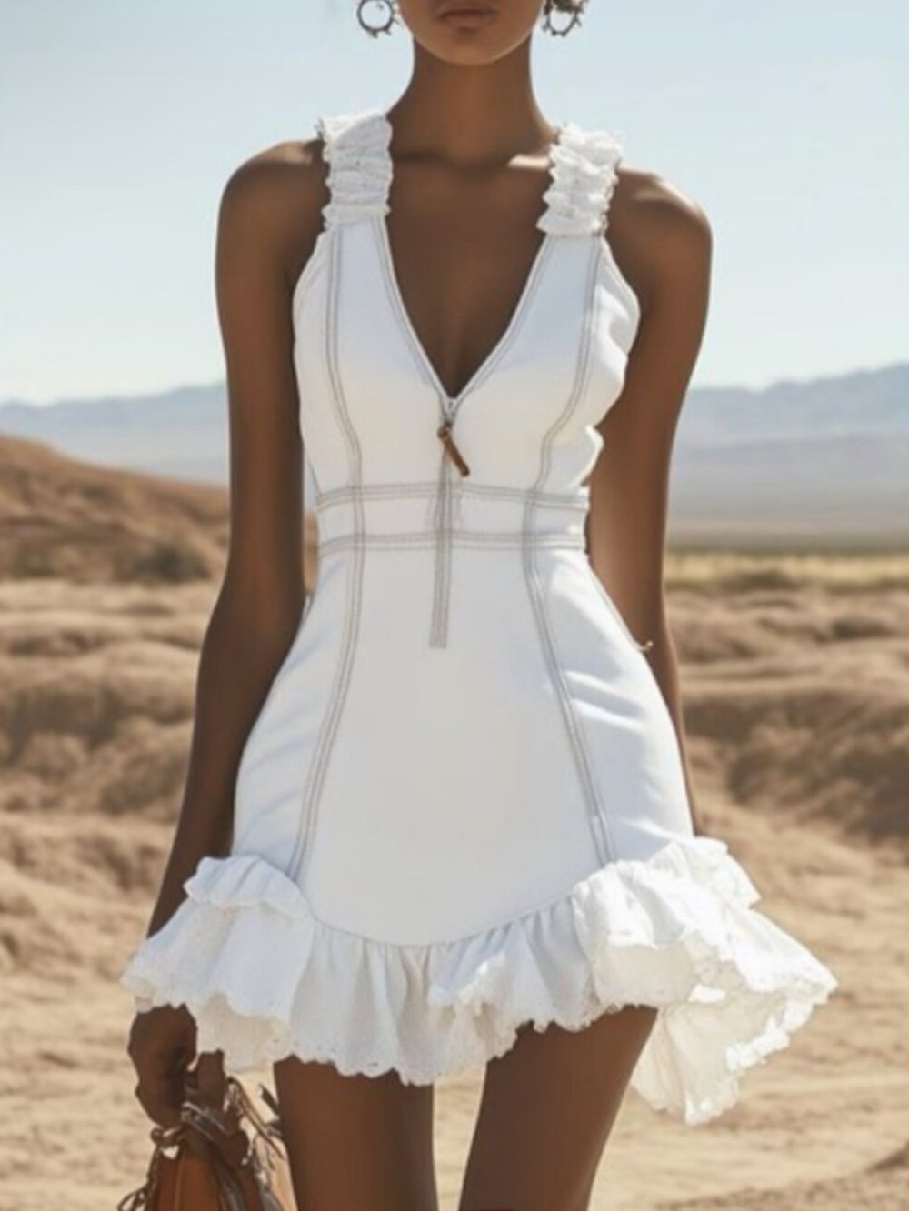 Casual White Denim Zipper Ruffle Trim Mini Dress | Oyrosy Size XS NWT